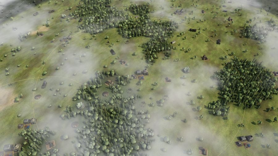 WorldFall overworld map with forests, fog of war and player bases